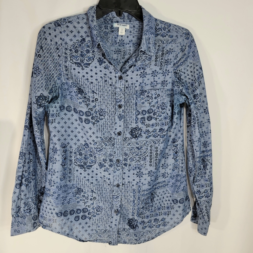 Old Navy Blue Design on Blue Button Down Long Sleeve Top Size XSmall